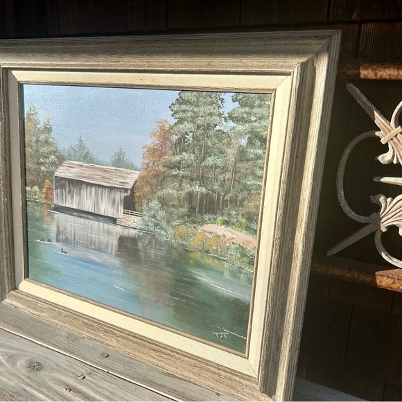 Rustic Framed Landscape Painting of a Covered Bridge by the Water. - Picture 7 of 10